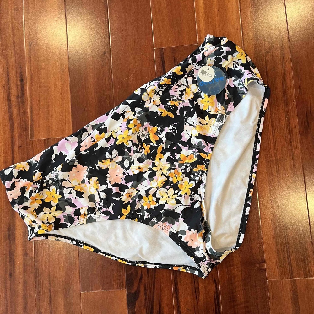 New NWT Decree Black Floral Bikini Bottom Swim Briefs High Waist Plus Size 3X